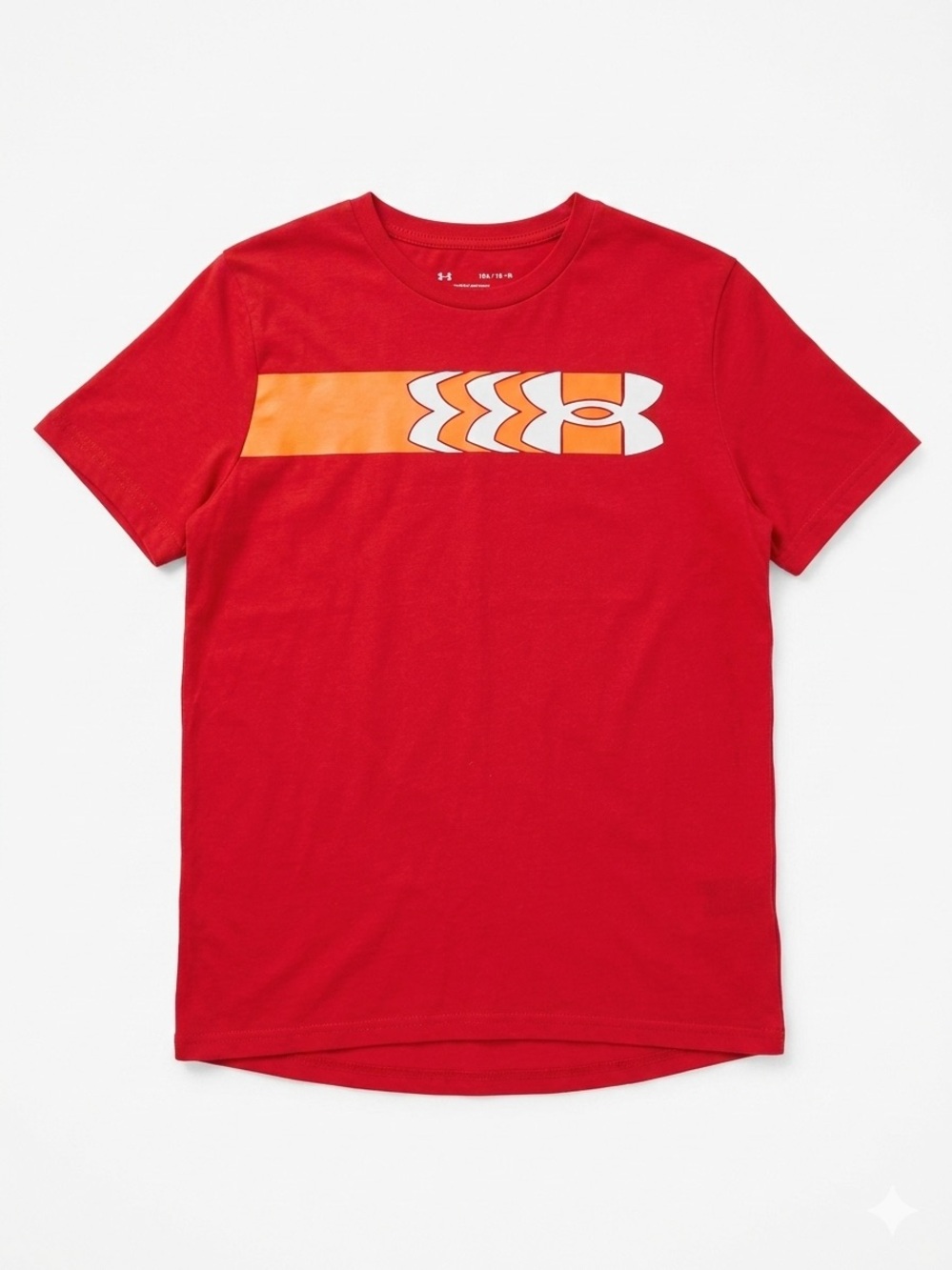 Under Armour Boy's Red Tee with Orange and White Logo Stripe Size L